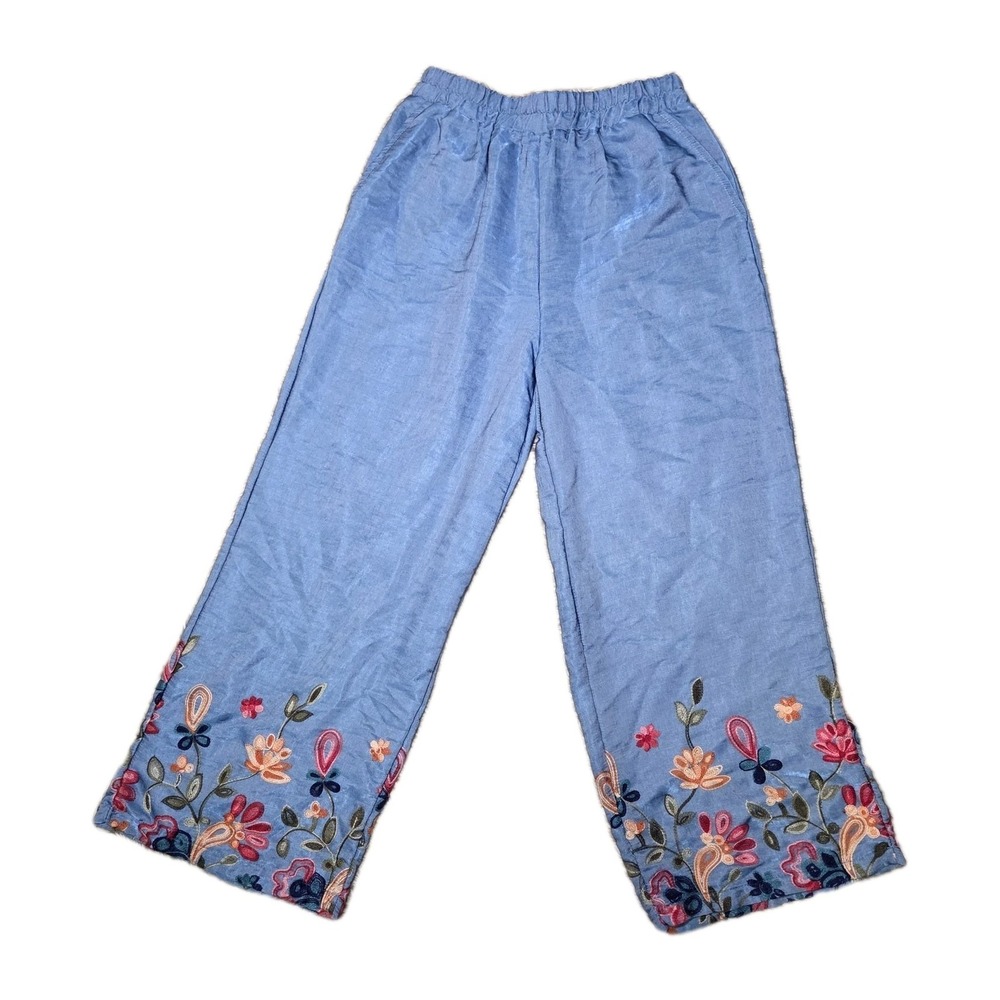 iLu Womens Blue Embroidered Pants Size Small Elastic Waist Wide Leg Boho Floral